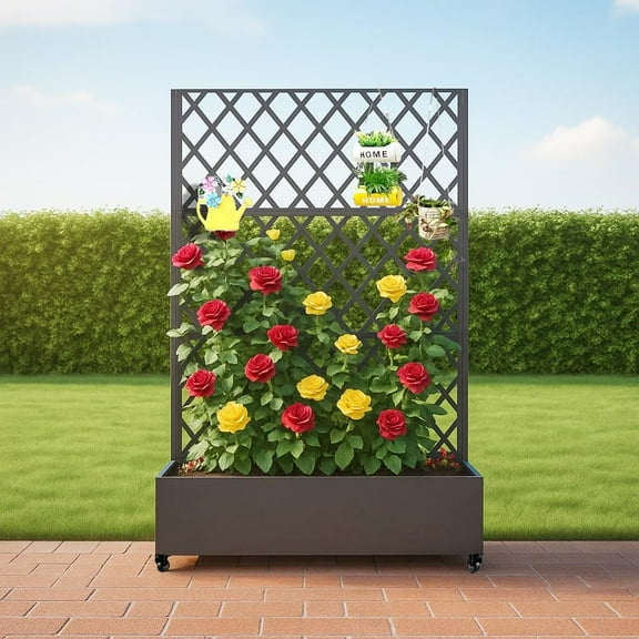 Studyset Metal Raised Garden Bed with Trellis and Wheels,Metal Privacy Screen with Wheels – Galvanized Steel Garden Trellis & Planter Box for Climbing Plants/Vines– Galvanized Raised Garden Bed