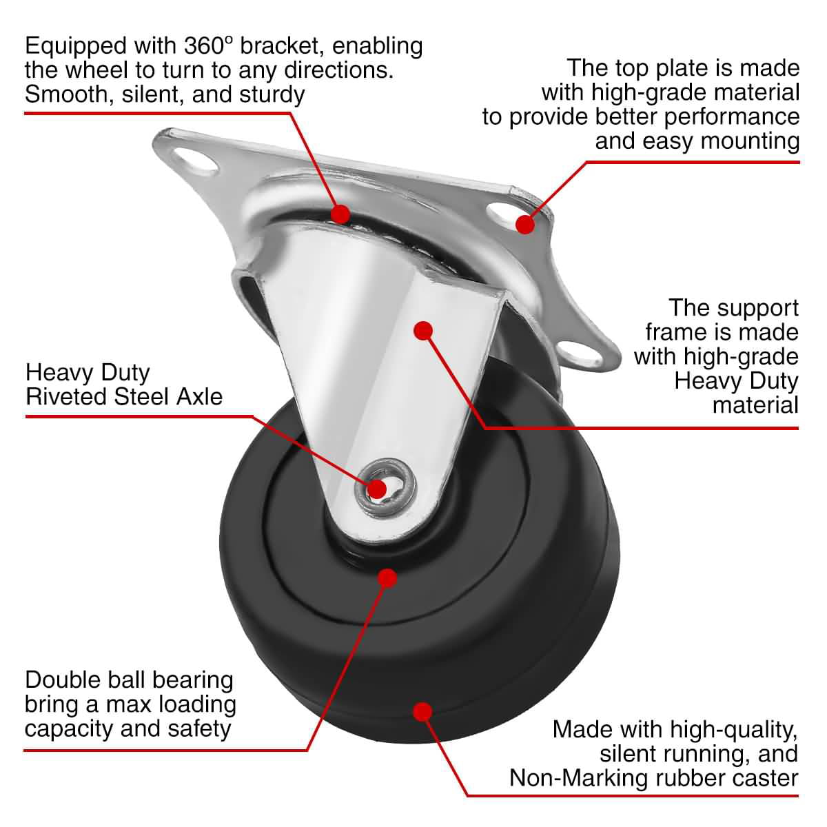 Swivel Caster Wheels Rubber Base With Top Plate Bearing Heavy Duty Fixed 