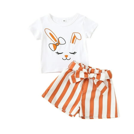 

Toddler Girls Easter Bunny Print Top Short Sleeve Striped Shorts 2 Piece Suit Outfits