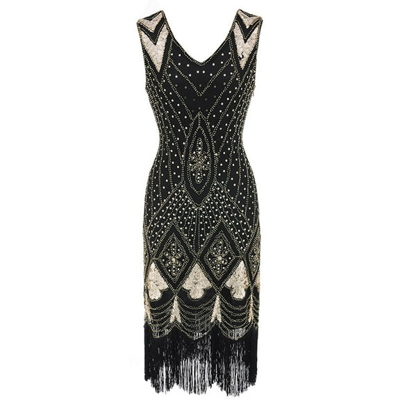 DailyTrove Women's Embroidered Fringe Dress-Sleeveless-Midi-Polyester-for Retro Event/Cocktail Party-Intricate Embroidery