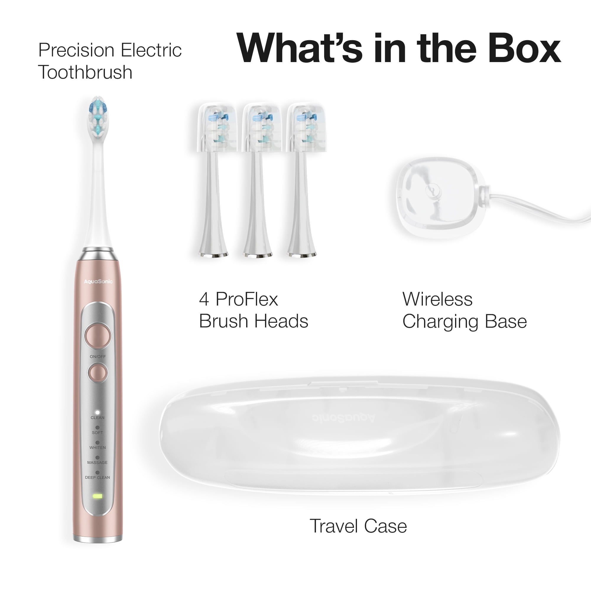 AquaSonic Precision Rechargeable Electric Toothbrush, 5 Modes, 4 Brush Heads, Travel Case, Rose Gold