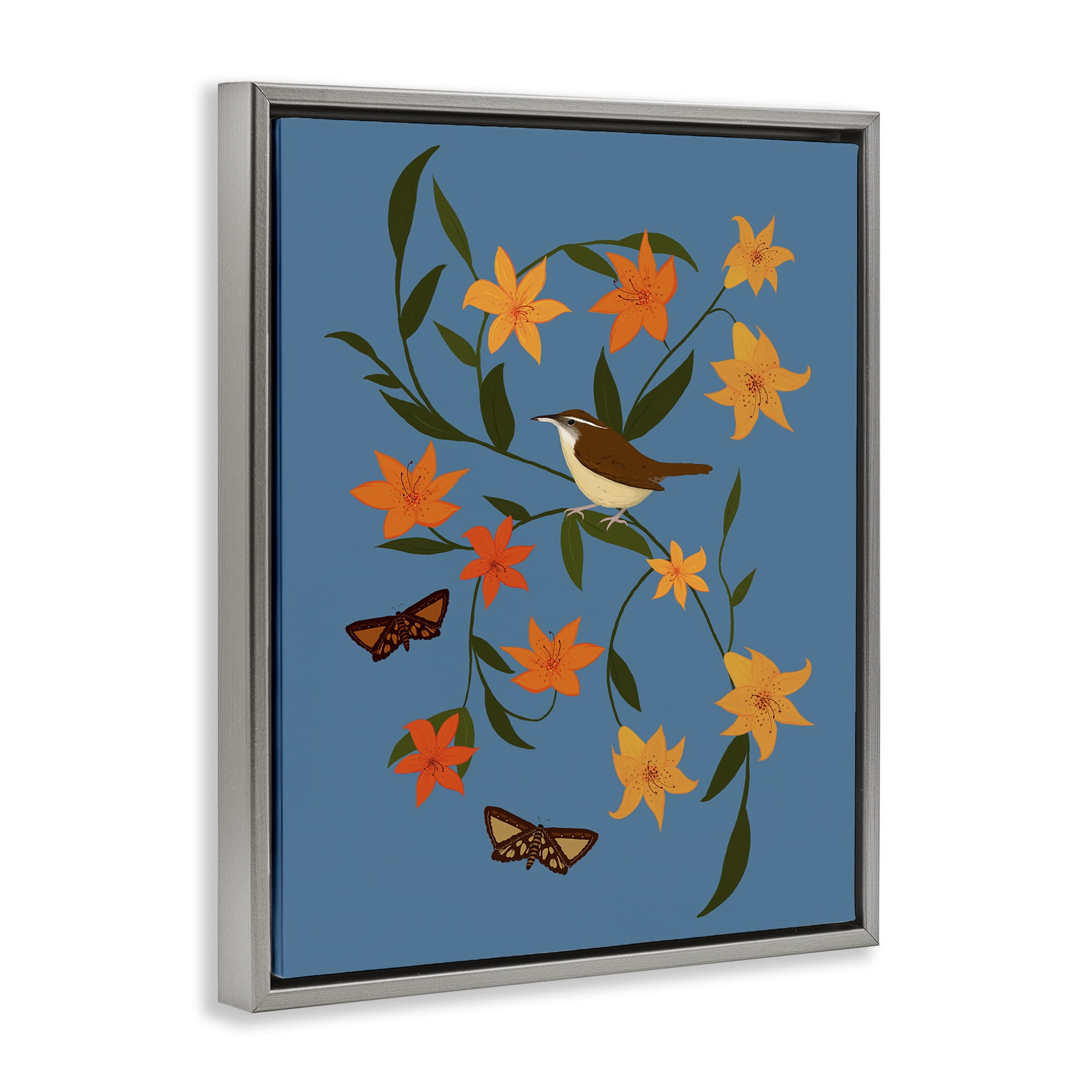 Stupell Industries Sparrow on Lily Bunches Plants & Flowers Painting Gray Floater Framed Canvas Art Print Wall Art, 25 x 31