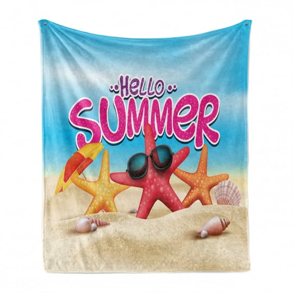 Lifestyle Soft Flannel Fleece Blanket, Hello Summer Inspirational Beach Holiday Words with Starfish Shell Humor Design, Cozy Plush for Indoor and Outdoor Use, 70" x 90", Multicolor, by Ambesonne