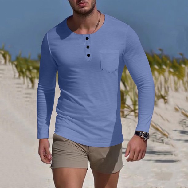pstuiky camisa de manga larga para hombre, Camisa de capa base de ejercicio de manga larga para hombre, informal, con cuello redondo, bolsillos y botones, de colores sólidos top de hombre xxxl