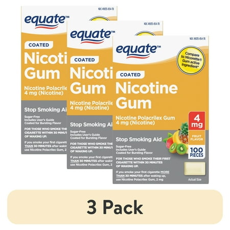 (3 pack) Equate Coated Nicotine Polacrilex Gum 4 mg (nicotine), Fruit Flavor, 100 Count