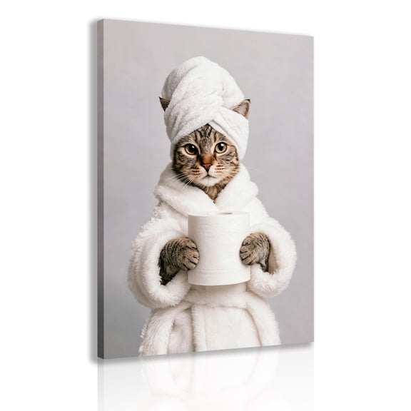 Cute Cat Canvas Wall Art — Framed Print of a Playful Tabby in a Bathrobe Holding Toilet Paper — Fun Bathroom Home Decor