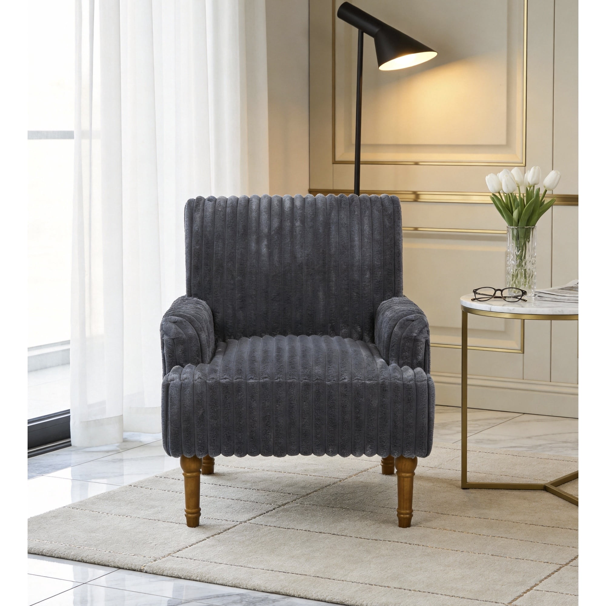 Jopath Modern Accent Chair with 2" Wide Wale Corduroy, 9" Solid Wood Legs, Comfortable Upholstered Armchair for Living Room Bedroom Reading Room Dark Gray