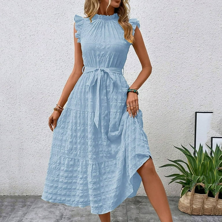 slim fit dress slacks Fairy Light Blue Cloud Ruffle Dress
