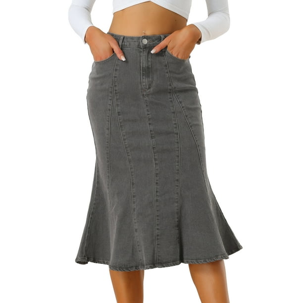 Falda vaquera casual de cintura alta con volantes y cola de pez para mujer Gris Negro L