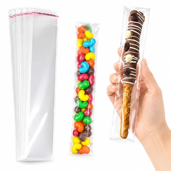 NOGIS 200 Pcs Cellophane Bags, Treat Bags, Clear Cellophane Gift Bags, Self Adhesive Sealing Plastic Gift Bags, Resealable Pretzels Individual Bags for Pretzel Rods, Candy, Snack 2 x 10 Inch