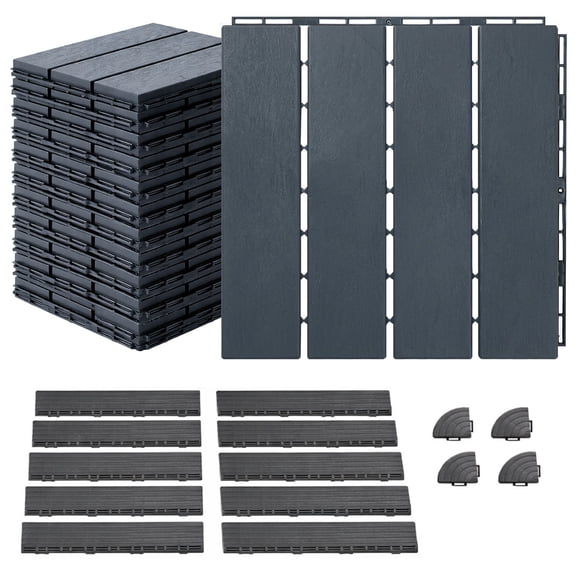 MotionGrey Interlocking Deck Tiles, 4 Slat Outdoor Flooring, Waterproof Patio Tiles for Balcony, Garden & Deck, Black