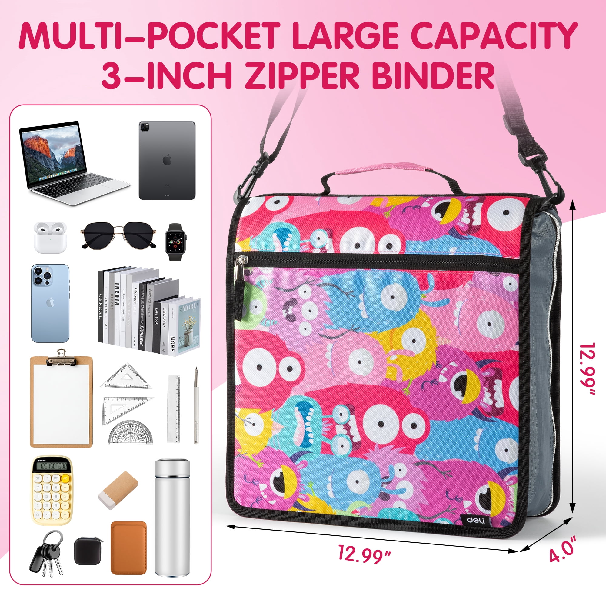Deli Zipper Binder 3 inch 3 Ring 700 Sheet Capacity Multi-Pocket Waterproof Binder with 5-Color tabbes, Shoulder Strap and Handle，Assorted Color