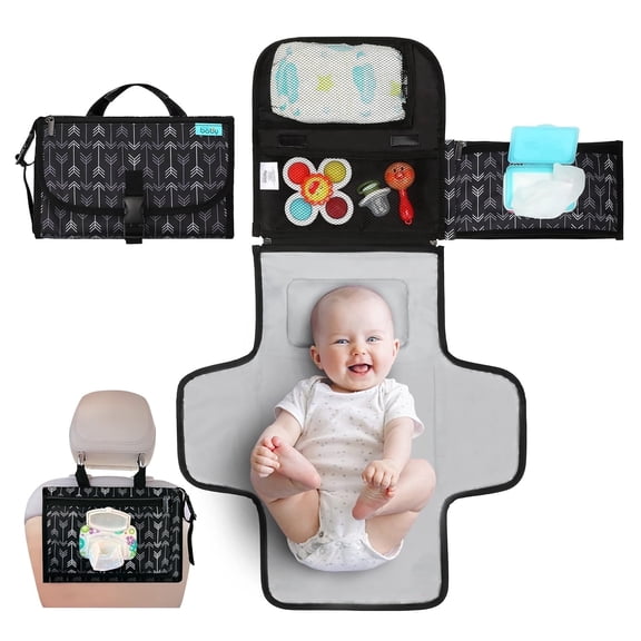 Kopi Baby Portable Diaper Changing Pad Travel Bag with Built-In Pillow, Reversible Wipes Pocket, Foldable Changing Mat, Black Arrow, Classic