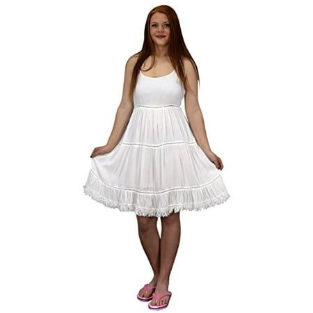 - Peach Couture Womens Spaghetti Strap Tiered A Line Dress With Fringed Hem White Large