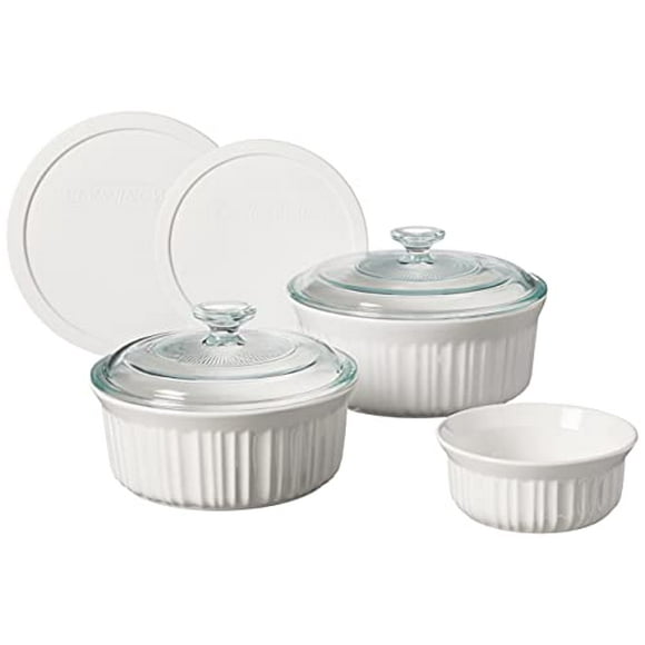 Corningware French White 7 Piece Ceramic Bakeware Set | Microwave, Oven, Fridge, Freezer, And Dishwasher Safe | Resists Chipping And Cracking | Doesn'T Absorb Food Odors And Stains