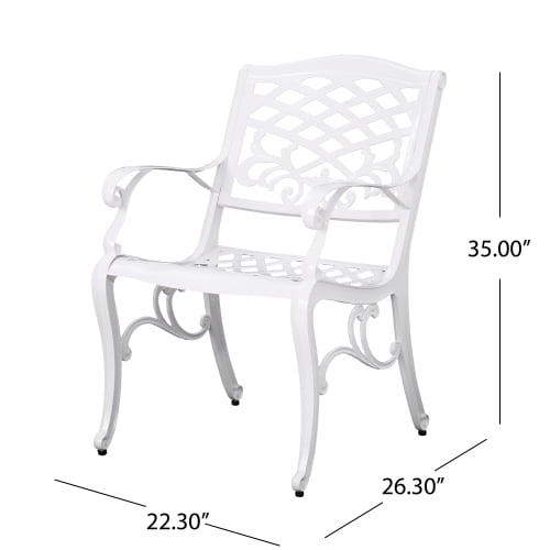 Traditional Cast Aluminum Outdoor Dining Arm Chairs Set of 2 with Floral Accents, White