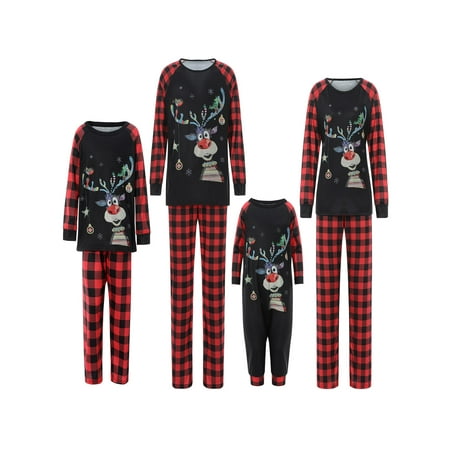

Christmas Family Matching Pajamas Set Adult Kids Baby Deer Printed Tops+Plaid Pants Sleepwear Nightwear Set