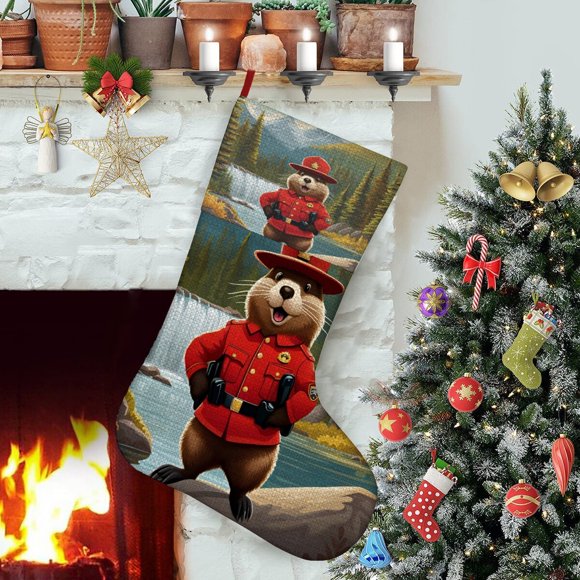 Castor Tema: Calcetines de Navidad, fino lino blanco para colgar en escaleras y chimenea, decoración navideña para el hogar, regalo de Navidad. 45cm × 32cm