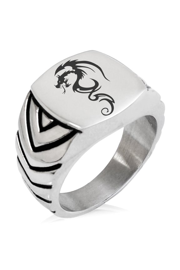 Stainless Steel Shadow Dragon Chevron Pattern Biker Style Polished Ring
