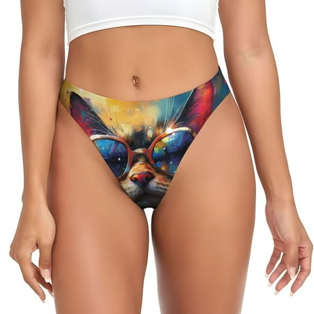 Rateoe Cool Cat With Sunglasses Pattern Seamless Women Underwear Thongs No Show Ladies Thong No Line Breathable Comfortable Panties Undies for Women-X-Large