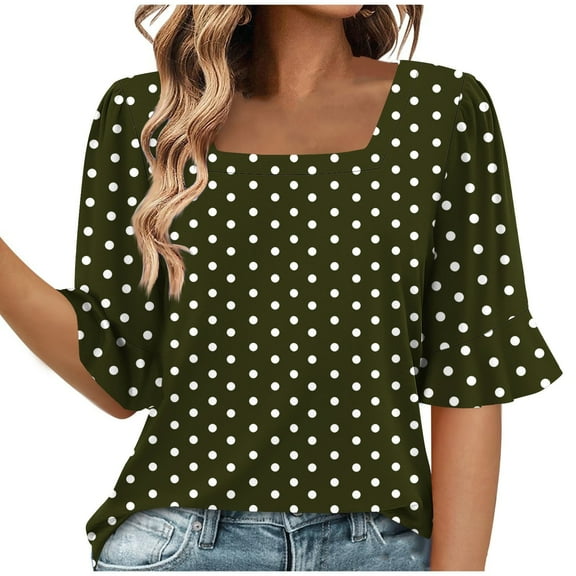 MIUOWANP Womens Summer Casual LooseTops Women's Fashion Summer Wave point Short Sleeve Square-Neck Loose Blouses Army Green L