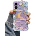 thumbnail image 1 of Case iPhone 16 Pro Max, Colorful Retro Oil Painting Printed Flower Laser Glossy Pattern Cute Curly Wave Edge Exquisite Phone Cover Stylish Durable TPU Protective Case Girl Women-Green,Purple White, 1 of 5