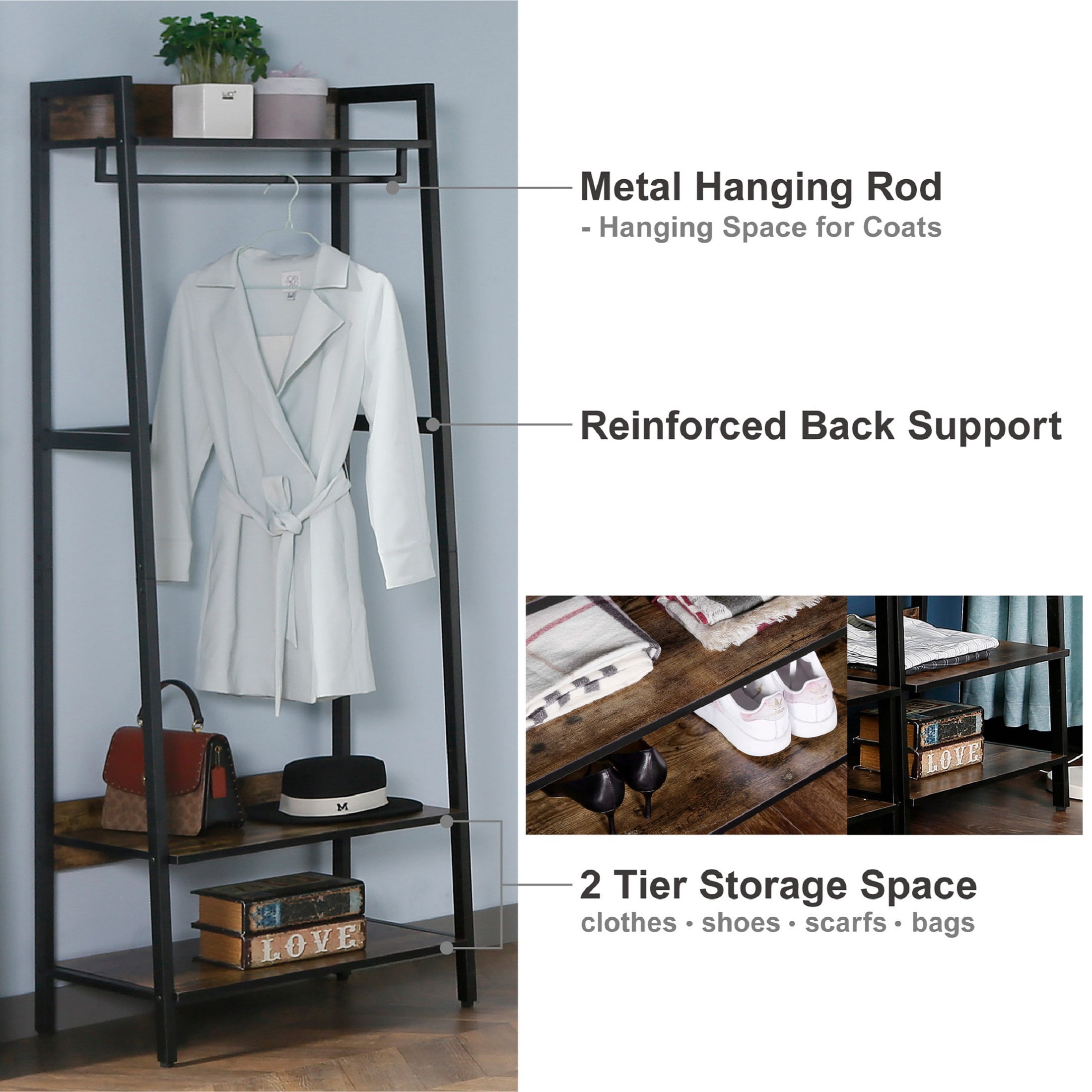 JJS 25.2" Wood & Metal Entryway Coat Rack with Storage Shelves in Rustic Brown