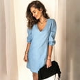 thumbnail image 5 of Odeerbi Denim Dress for Women Plus Size Jean Dress Fashion 2025 Casual V Neck Short Sleeve Dress Light Blue, 5 of 8