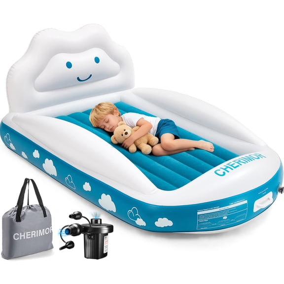 Inflatable Toddler Travel Bed Air Mattress with Safety Bumpers and Electric Pump - 330lb Capacity Portable Kids Bed - 40" x 63" Portable Blow Up Bed for Travel, Camping, Sleepovers