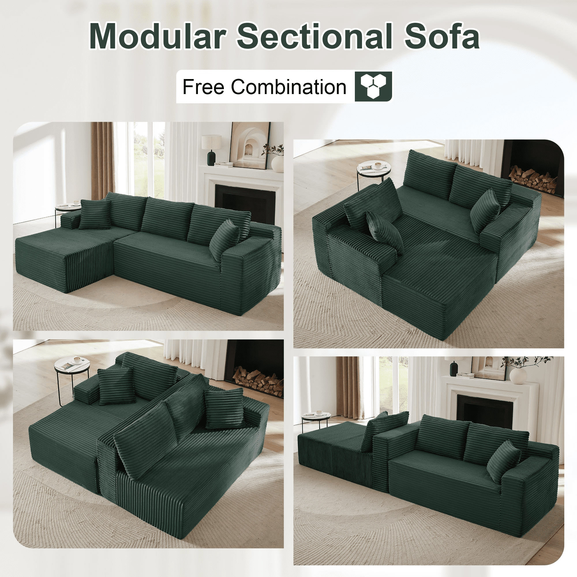 GNIXUU 103” W Corduroy Boneless Couch, L-Shaped Sectional Sofa with Left Facing Chaise, Comfy Memory Foam Cloud Compression Couches for Living Room Home Office, No Assembly,Green