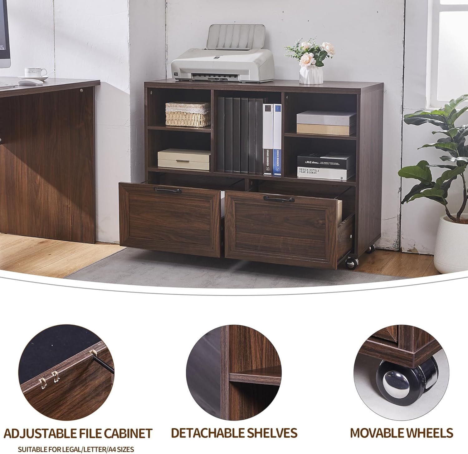 LayBurst 39.3" Farmhouse Wood File Cabinet with Wheels,Small Home Office Storage,Rolling File Cabinet with 2 Drawers for Legal/Letter/ A4 Size (Brown)
