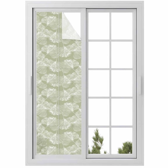 Translucent Ginkgo Leaves Window Privacy Film Realistic Plant Green Background Decorative Glass Window Film UV Blocking Static Cling Non-Adhesive Sticker Covering for Home Door 29.5 x 118 inches