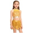 thumbnail image 4 of iiniim Girls 2 Piece Jazz Latin Dance Outfit Sequin Sleeveless Crop Top with High Low Mini Skirt for Disco Hip Hop Dancewear Gold 10, 4 of 7