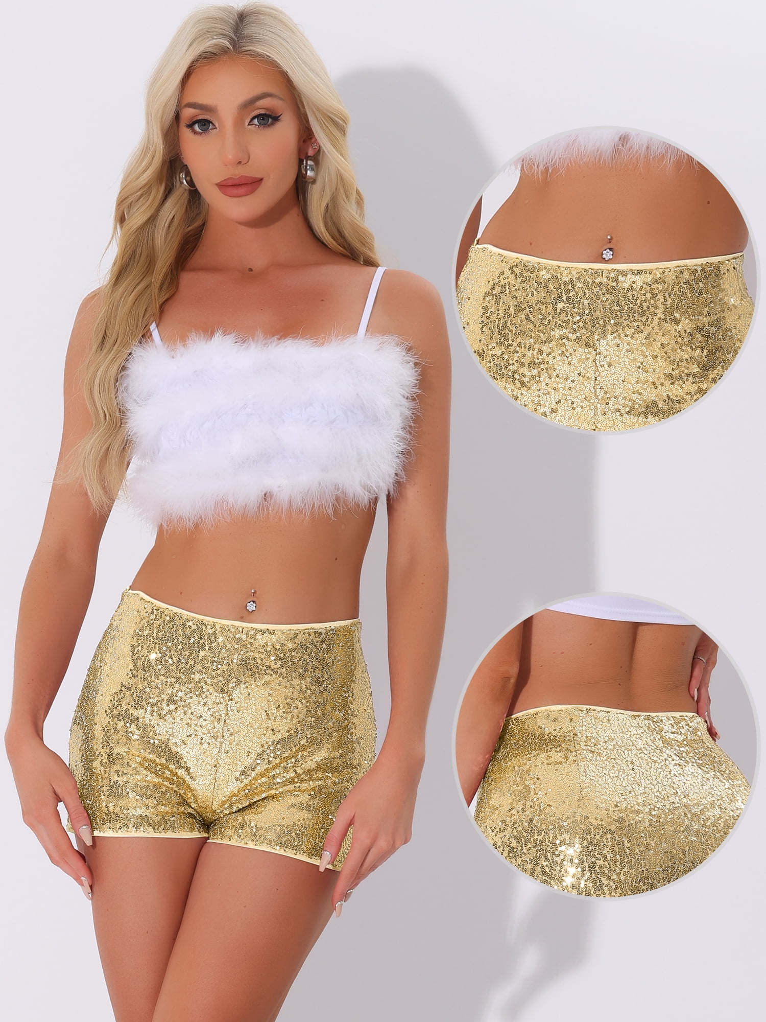 DARING DIVA Women's Midrise Solid Sparkle Coctail Sequin Shorts S Gold