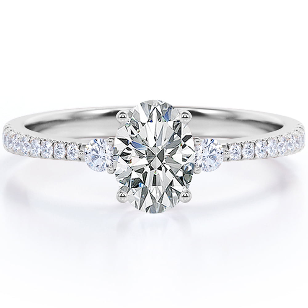 JeenMata 1 Carat Lab Grown Diamond Oval Cut - Three Stone Engagement Ring 10K White Gold Pave Accented Bridal Jewelry for Women Adult