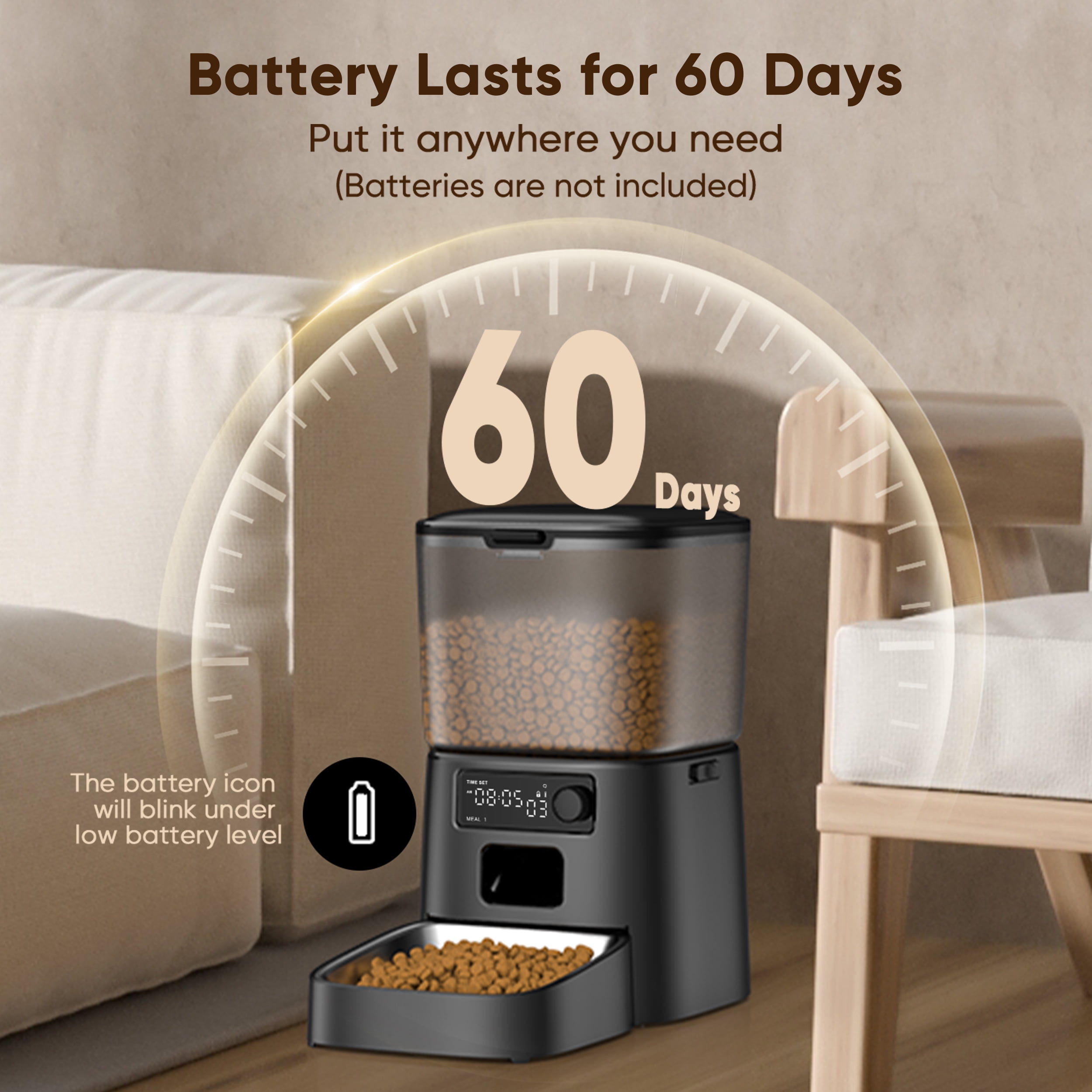 Oneisall FD-01 3.5L/12Cup Automatic Cat Feeder, Dual Power Auto Cat Feeder with Stainless Steel Bowl, Up to 36 Portions 6 Meals Per Day, Detachable Washable, Timed Feeder with Desiccant Bag - Black