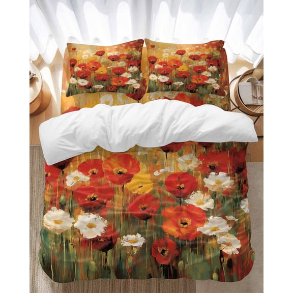 Retro Floral Bedding Duvet Cover Set Full Size 4 Pieces Red White Poppy Flowers Lawn Oil Painting Bedding Set with Zipper Closure, 1 Comforter Cover 86x86 Inches 1 Flat Sheet & 2 Pillow Cases