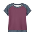 thumbnail image 4 of Womens Short Sleeve Waffle Knit Top Denim Trim, Raglan Sleeve Summer Round Neck Tees Casual Layered Look T-Shirts for Daily Wear Soft Jean Inspired 2026 Fashion, 4 of 8
