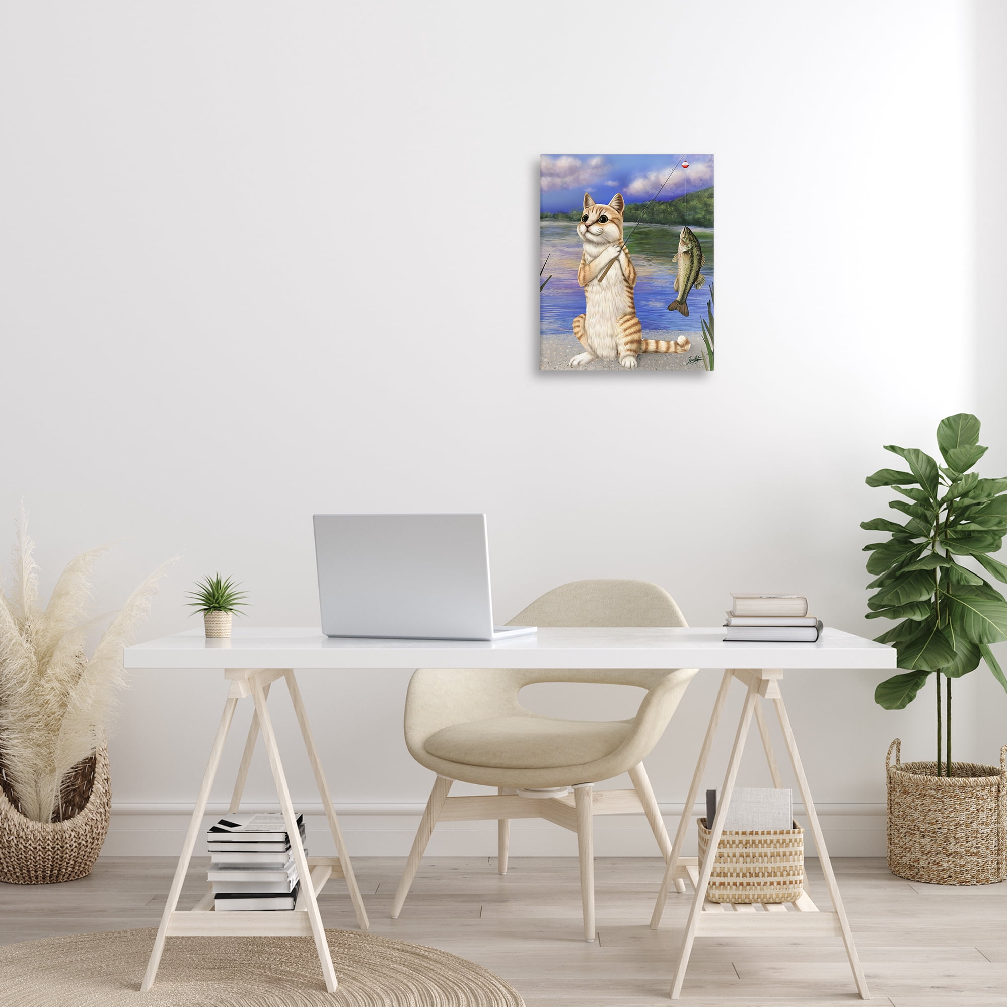 Stupell Industries Fishing Cat by Lake Animals & Insects Painting Gallery Wrapped Canvas Art Print Wall Art, 16 x 20
