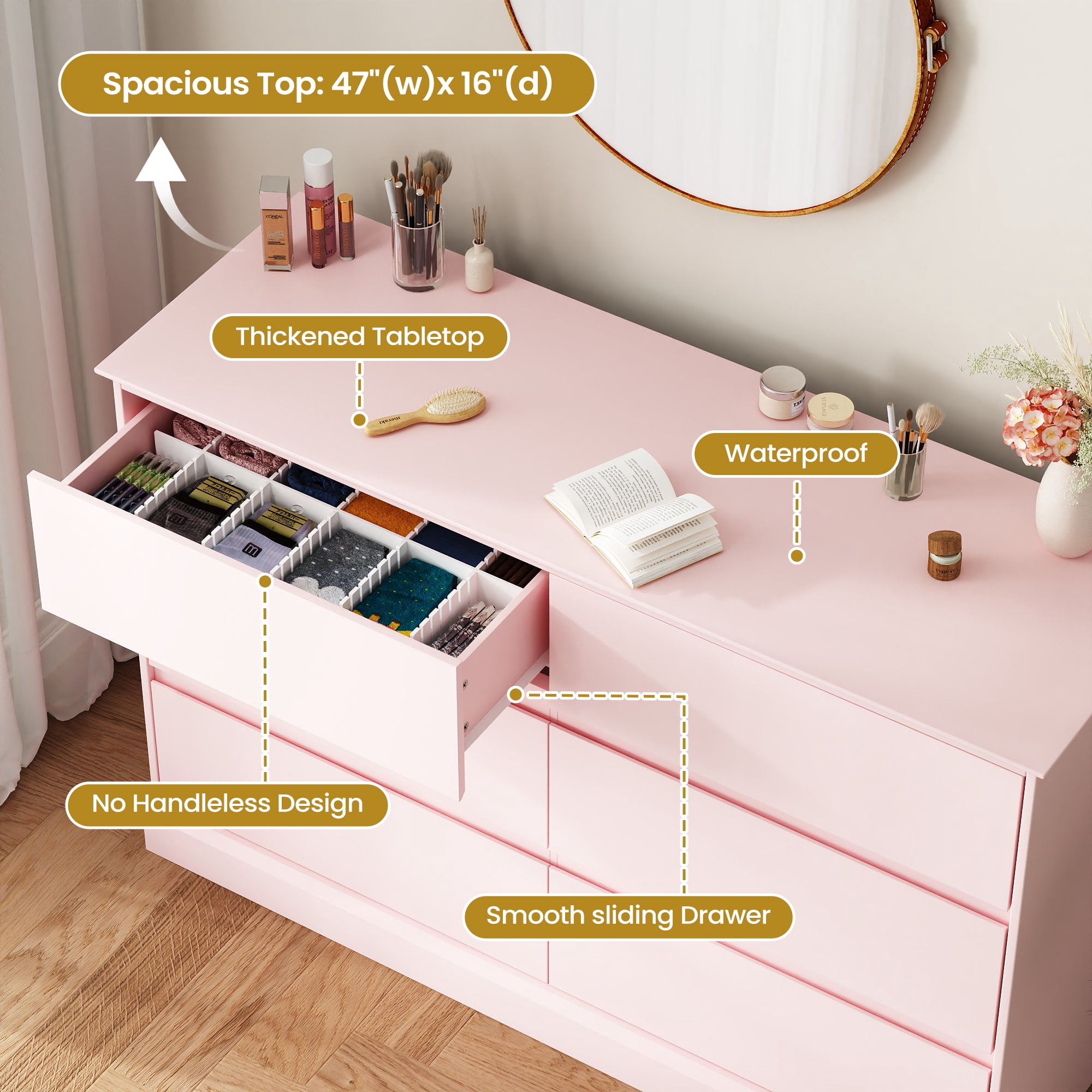 6 Drawer Dresser for Bedroom, White Dresser Double Chest of Drawers, Modern Wood Dressers with Deep Drawers for Living Room,Pink