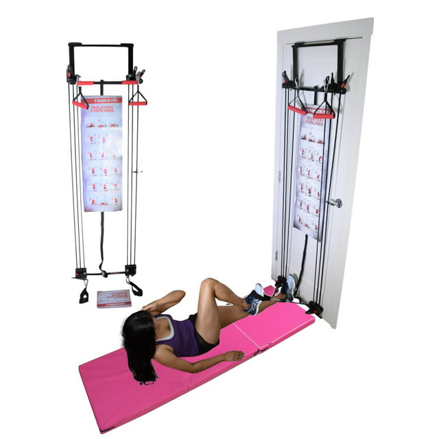 Tower 200 Door Gym Full Body Exercise Fitness Total Home Gym with 6'x2' Exercise Mat Workout System Strength Training with Straight Resistance Bar, DVD, Exercise Chart