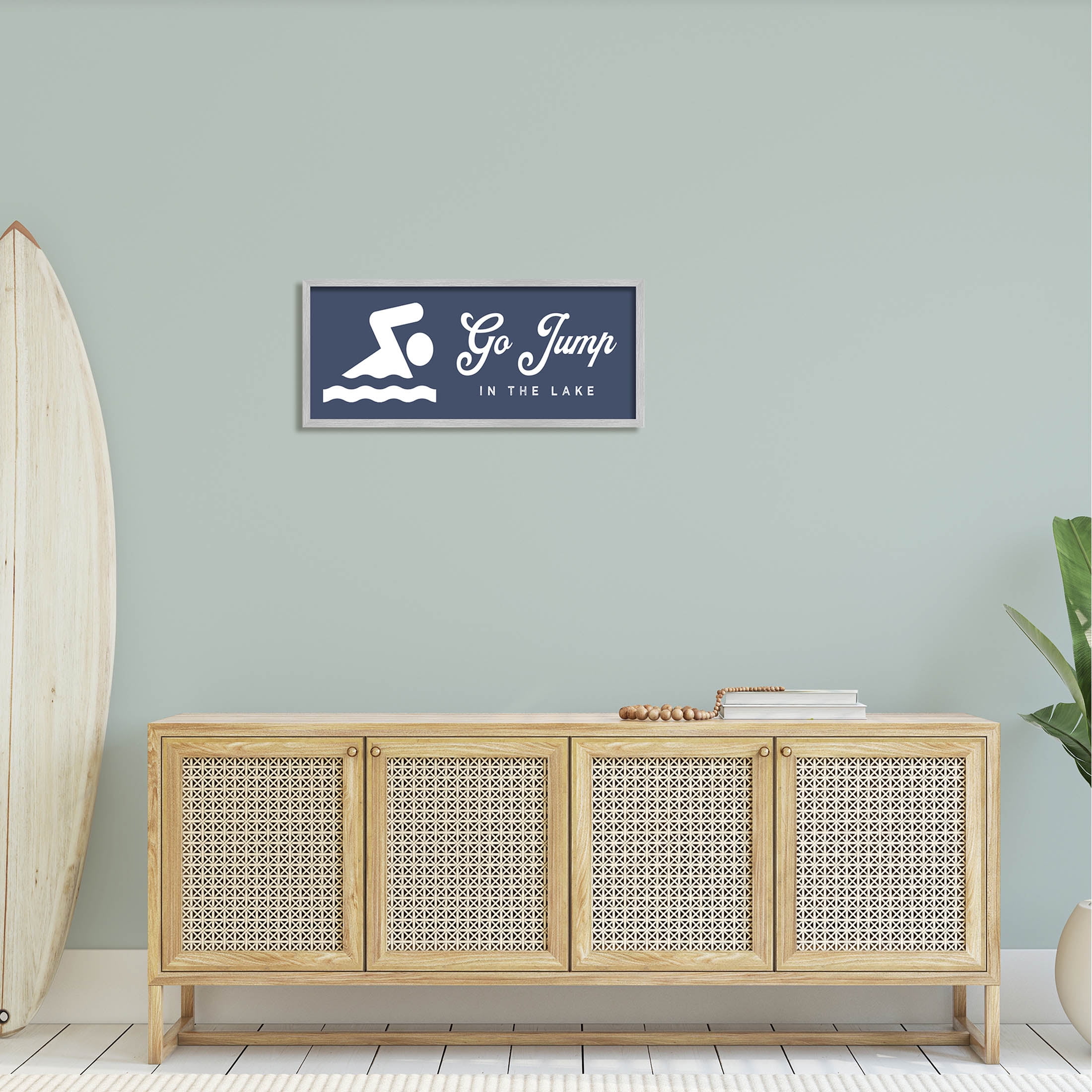 Go Jump In The Lake Swimming Sign Typography Graphic Art Gray Framed Art Print Wall Art