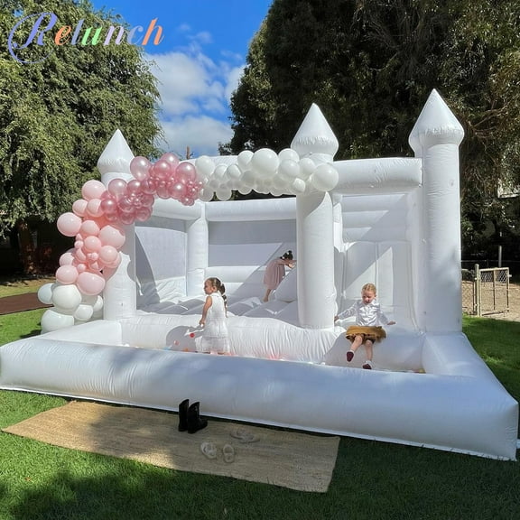 Relunch 15x15x10FT Commercial White Bounce House with Blower, PVC Inflatable Castle with Slide&Ball Pit for Adults Kids Outdoor, Indoor Wedding, Birthday, Event