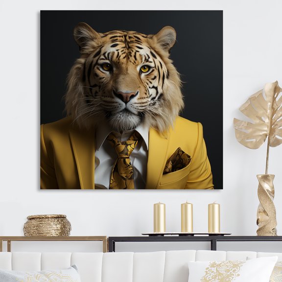Designart "Lion in a Yellow Suit I" Animals Wall Art - Modern Yellow Lion Fashion Bedroom Canvas Wall Art