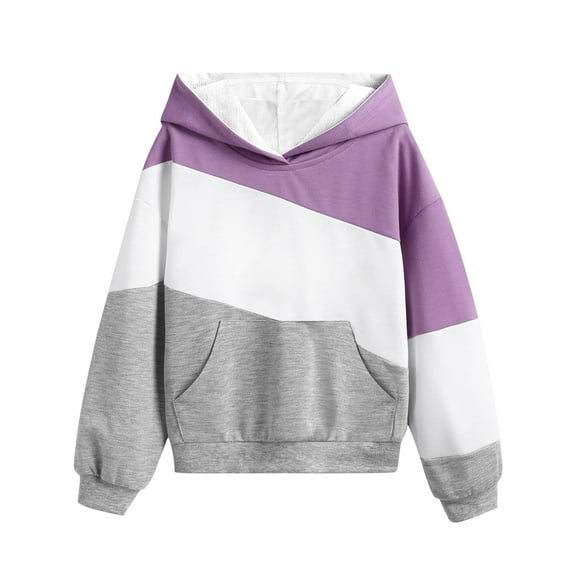 PWPSG Girl's Casual Hoodies Fashion Color Block Kangaroo Pocket Hooded Sweatshirts Loose Long Sleeve Pullover Tops Size 4-14 Years Purple 150
