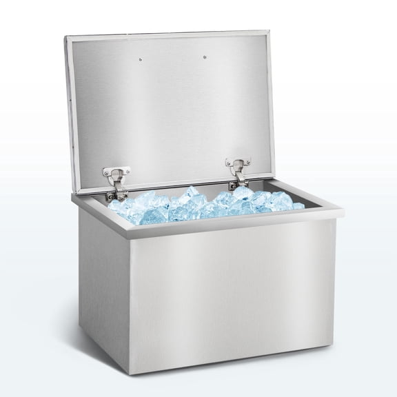 RIGMEC Stainless Steel Drop‑in Ice Bin, Hinged Lid 45QT Ice Chest, 20Wx14Dx13D in Insulated Ice Well with Drainage for Outdoor Kitchen Bar Hotel
