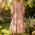 thumbnail image 6 of Feancey Summer Dresses for Women 3/4 Sleeve V Neck Linen Dress Solid Color Loose Fit Midi Dresses Flowy Swing Vacation Dress Pink XXL, 6 of 10