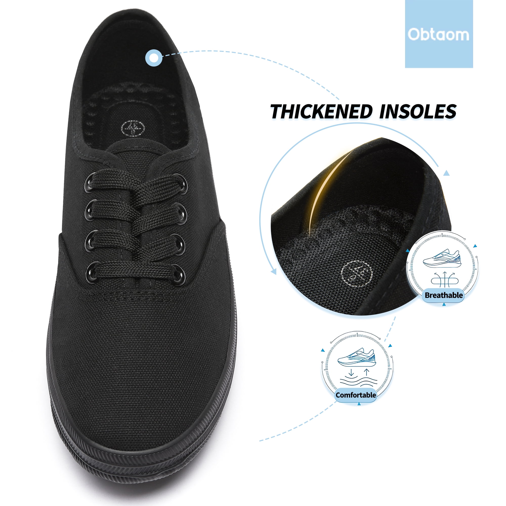 Obtaom Women’s Canvas Sneakers Fashion Lace up Canvas Shoes,Low Top Casual Flat,Lightweight Tennis Shoes.(All Black,US7)