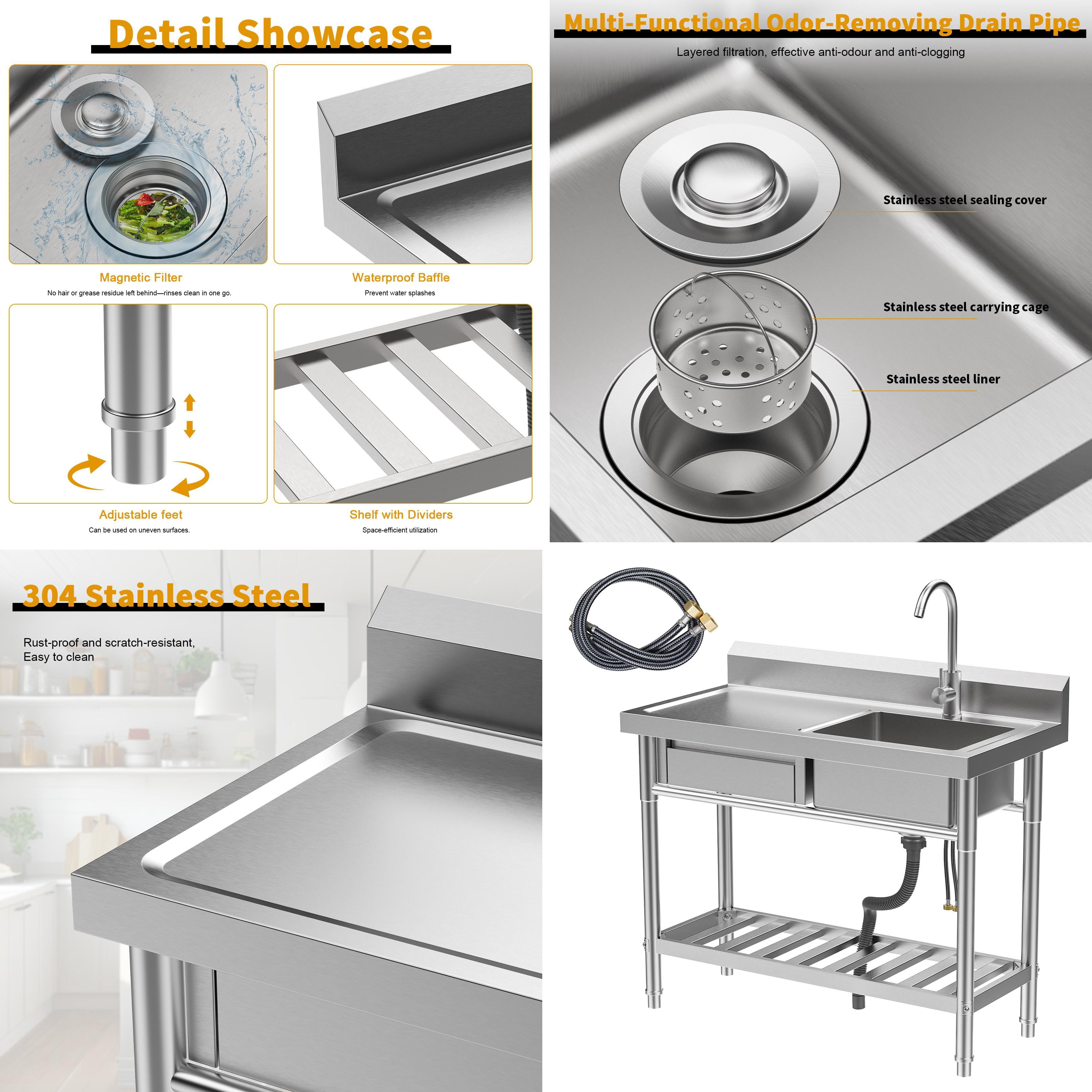 SHUO Y - Stainless Steel Sink with Drawer, Bottom Shelf, 39-Inch Free Standing Utility Sink with Cold Hot Water Faucet Hose, Single Bowl Sink for Indoor, Outdoor, Kitchen, Laundry Room