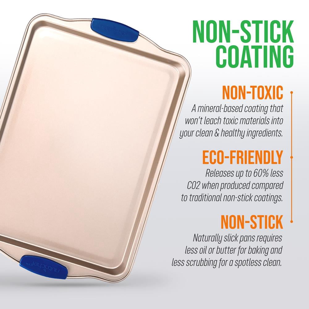 NutriChef 13” Non Stick Cookie Sheet, Small Gold Commercial Grade Restaurant Quality Carbon Metal Bakeware with Blue Silicone Handles, Compatible with Model NCSBSG63